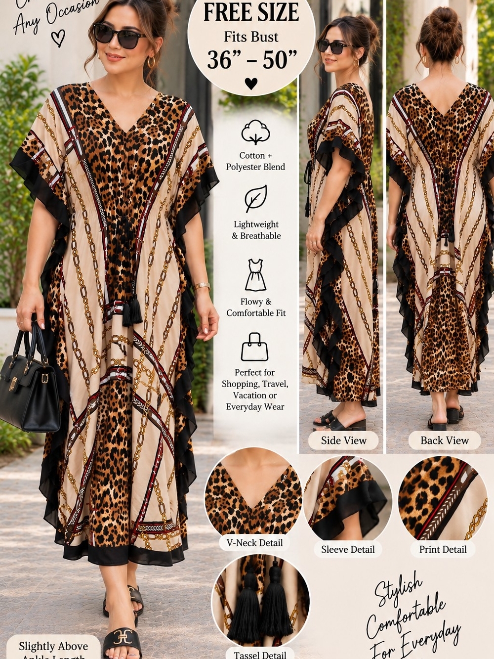 Beige Leopard & Chain Print V-Neck Maxi Caftan Dress